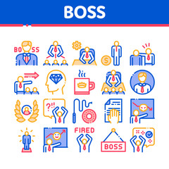 Poster - Boss Leader Company Collection Icons Set Vector Thin Line. Boss On Tablet And Cup With Crown, Meeting And Presentation, Fired And Document Concept Linear Pictograms. Color Contour Illustrations