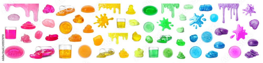 Set of different colorful slimes on white background. Antistress toy - obrazy, fototapety, plakaty 