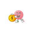 Rich pink round lollipop mascot cartoon design style with gold coin