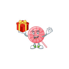 Poster - Happy face pink round lollipop cartoon character having a box of gift