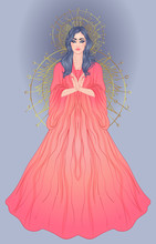 Lady Of Sorrow. Devotion To The Immaculate Heart Of Blessed Virgin Mary, Queen Of Heaven. Vector Illustration Over Halo Or Ornate Mandala Isolated. Hand-drawn, Religion, Spirituality, Occultism.