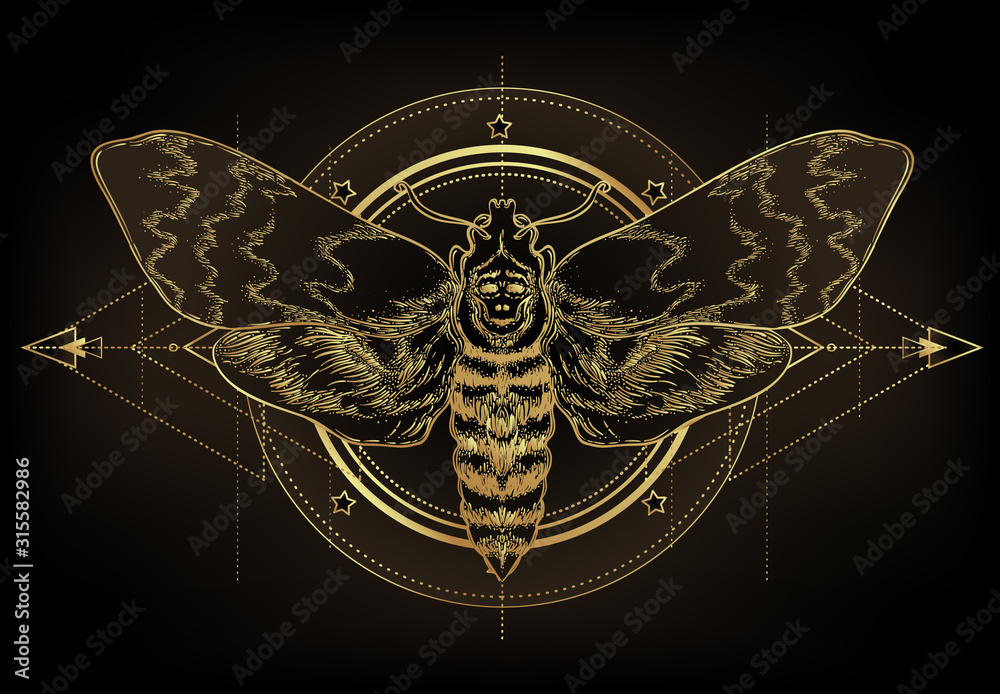 Golden moth over sacred geometry sign, isolated vector illustration. Tattoo flash. Mystical symbols and insects in gold. Alchemy, occultism, spirituality. Hand-drawn vintage. - obrazy, fototapety, plakaty 
