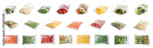 Fotografía Set of different frozen vegetables in plastic bags on white background