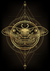 Wall Mural - Golden moth over sacred geometry sign, isolated vector illustration. Tattoo flash. Mystical symbols and insects in gold. Alchemy, occultism, spirituality. Hand-drawn vintage.