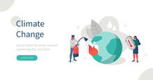 People Characters Trying To Save Planet Earth.Woman Holding Thermometer Showing Hot Temperature. Man Put Out Big Fire. Global Warming And Climate Change Concept. Flat Isometric Vector Illustration.