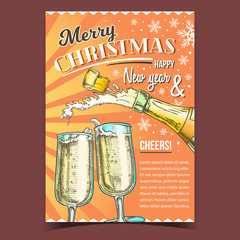 Canvas Print - Merry Christmas Drink Advertising Poster Vector. Two Elegance Wine Glasses, Opening With Splash Champagne Drink And Snowflakes. Couple Glassware Mockup Designed In Vintage Style Color Illustration