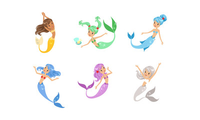 Sticker - Cute Mermaids Collection, Adorable Sea Princesses with Colorful Hair and Tails Vector Illustration