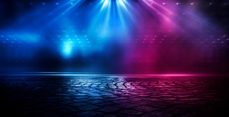 Wall Mural - empty dark abstract background. empty street background. glow of neon lights on an empty road. night