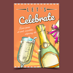 Sticker - Celebrate Holiday Champagne Drink Banner Vector. Champagne Blank Bottle, Wineglass With Alcoholic Beverage And Gift Box On Advertising Poster. Template Hand Drawn In Vintage Style Color Illustration