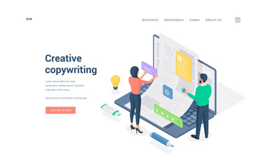 Poster - Office workers doing creative copywriting isometric vector illustration