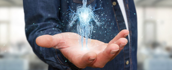 Poster - Man using digital x-ray human body holographic scan projection 3D rendering
