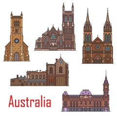 Sticker - Australia architecture, Sydney, Adelaide and Melbourne city buildings and landmarks. Vector St Peter and Francis Xavier cathedral, Melbourne town hall and Adelaide old parliament, Holy Trinity church