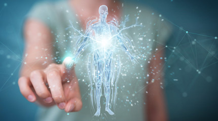 Fototapete - Woman using digital x-ray human body holographic scan projection 3D rendering