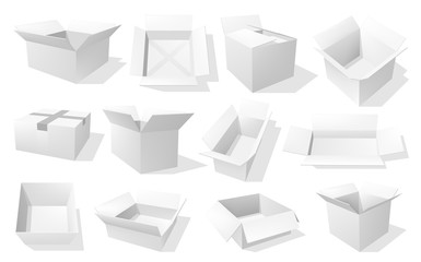 Wall Mural - Box 3d vector mockups of blank white cardboard packages in different angels. Open and closed carton paper pack and delivery parcel realistic templates, medicine, food and cosmetic packaging themes