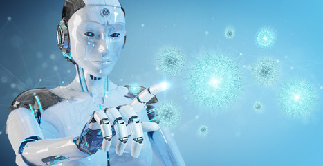 Poster - Robot analyzing bacteria with digital holographic projection close-up 3D rendering