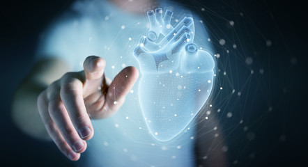 Fototapete - Man using digital x-ray of human heart holographic scan projection 3D rendering