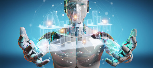 Poster - Robot holding and touching holographic tubes samples projection 3D rendering
