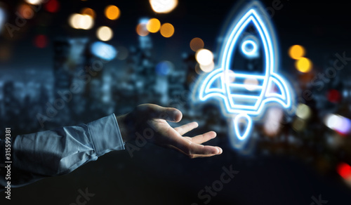 Fotografía Man hand using startup digital neon interface 3D rendering