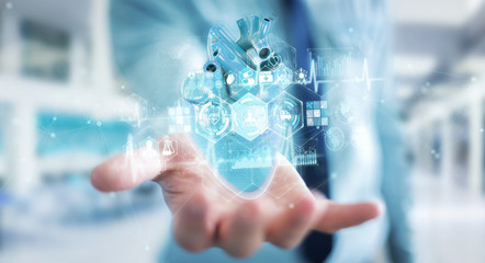 Poster - Man using digital x-ray of human heart holographic scan projection 3D rendering