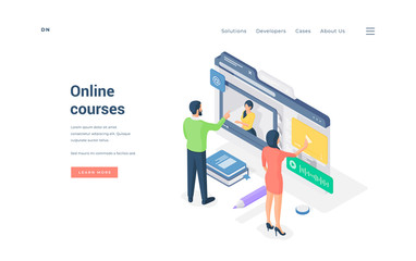 Poster - People browsing online courses in Internet isometric vector illustration