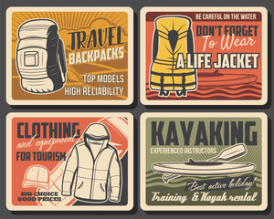 outdoor tourism, backpacking and hiking sport, mountaineering and river kayaking adventure. vector r