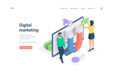 Wall Mural - people working in internet marketing company isometric vector illustration