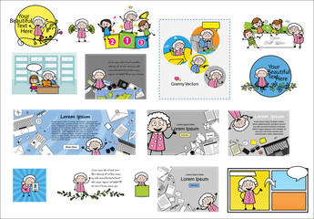 Wall Mural - Collection of Concepts with Old Granny - Different Retro Vector illustrations