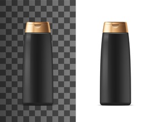 Wall Mural - Cosmetic container package, shampoo or shower gel and body lotion black plastic bottle with golden clip cap. Vector isolated 3d realistic mockup template, man skincare facial cleanser, cream bottle