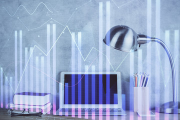 Multi exposure of graph and financial info and work space with computer background. Concept of international online trading.