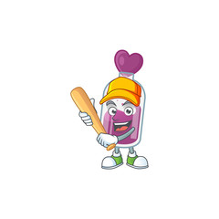 Wall Mural - Sporty smiling purple potion cartoon mascot with baseball