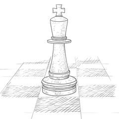 Wall Mural - The king chess piece on a chess board. Hand drawn sketch