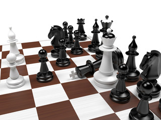 Wall Mural - Checkmate. Chessboard with chess pieces in mate position. 3d rendering illustration