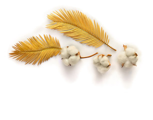 Wall Mural - Tropical golden leaves palm tree and white cotton flowers on white background with space for text. Top view, flat lay