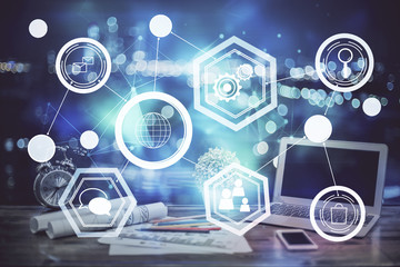 Poster - Computer on desktop with social network theme icon. Multi exposure. Concept of international connections.
