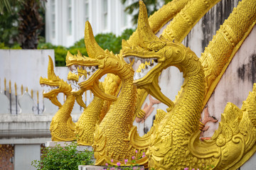 Dragons statues at Haw Phra Kaew, also written as Ho Prakeo, Hor Pha Keo, Vientiane, Laos.