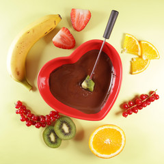 Sticker - chocolate fondue, chocolate melted with fresh fruit in red heart bowl