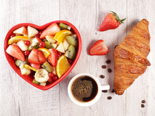 Poster - fruit salad, croissant and coffee cup- top view