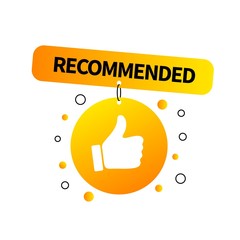 Poster - Yellow banner recommended with thumb up. Vector badge design.