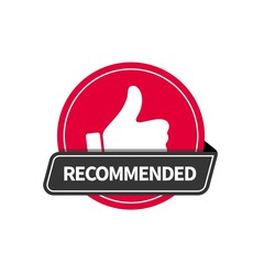 Poster - Red flat badge recommended with thumb up icon. Vector sticker design.