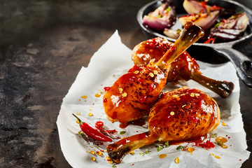 Grilled spicy chicken drumsticks with chilli sauce