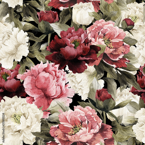 Fototapeta na wymiar Seamless floral pattern with peonies, watercolor.