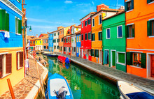 Colorful Houses In Burano Island Near Venice, Italy.