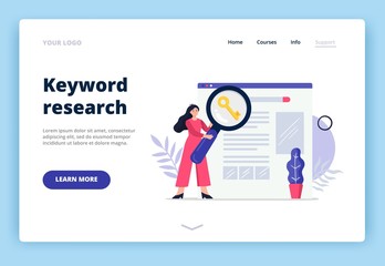 Fototapete - Cute landing page template on Search Engine Optimization theme. Girl with magnifying glass searching for keywords to improve website page rank. Flat Vector illustration.