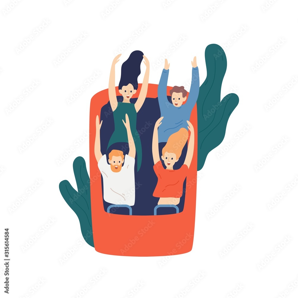 Group Rides Cartoon Image vectorielle Stock Group of cartoon friends ride roller coaster ...