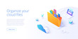 © Graf Vishenka - Cloud storage folder isometric vector illustration. Digital file organization service or app with data transfering. Online computing technology. Internet server or datacenter connection network.