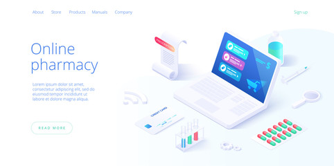 Online pharmacy or drug store concept in isometric vector illustration. Internet shopping or order with laptop. Background with medicines and equipment. Web banner layout template.