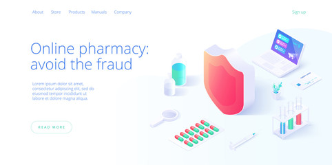 Secure online pharmacy or drug store shopping concept in isometric vector illustration. Background with medicines and equipment. Web banner layout template.