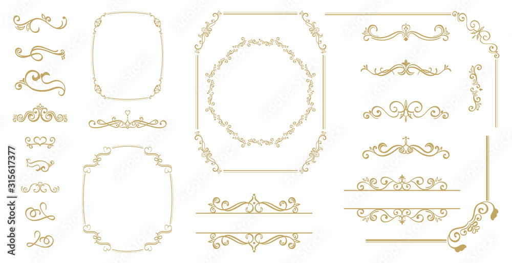 Luxury Gold vintage invitation vector set. Ornamental curls, dividers ...