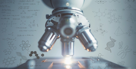Wall Mural - close up of examining of test sample under the microscope in laboratory with effects.