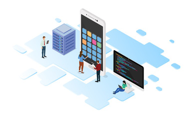 Wall Mural - mobile app development with programming language and server with team developer and isometric design style